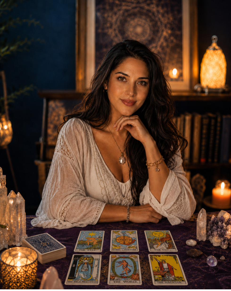 Retrato de tu maestra de Tarot, rodeada de velas, cuarzos y sus cartas Rider–Waite