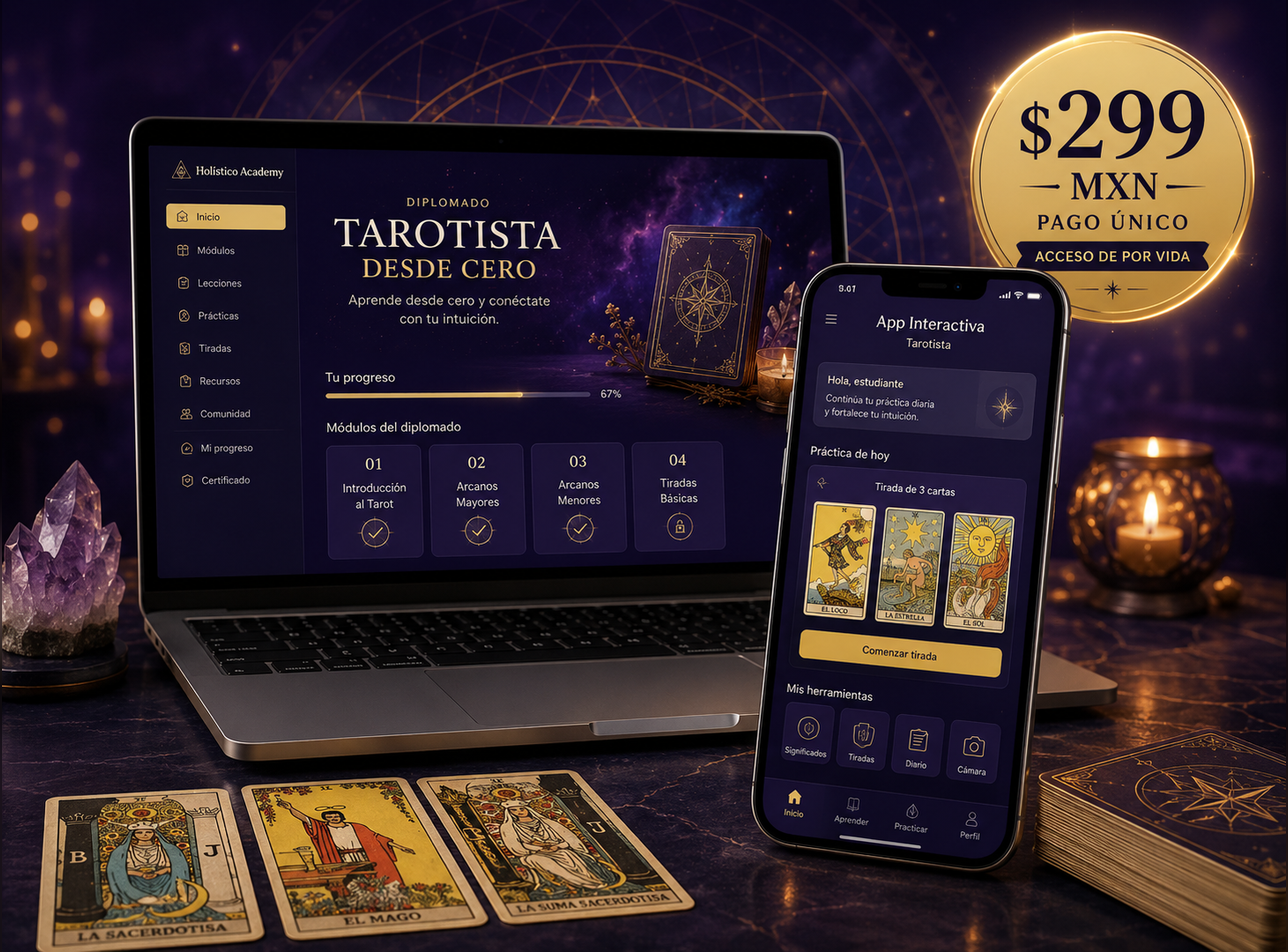 Vista previa comercial del Diplomado Tarotista desde Cero y la App Interactiva en laptop y celular, $299 MXN