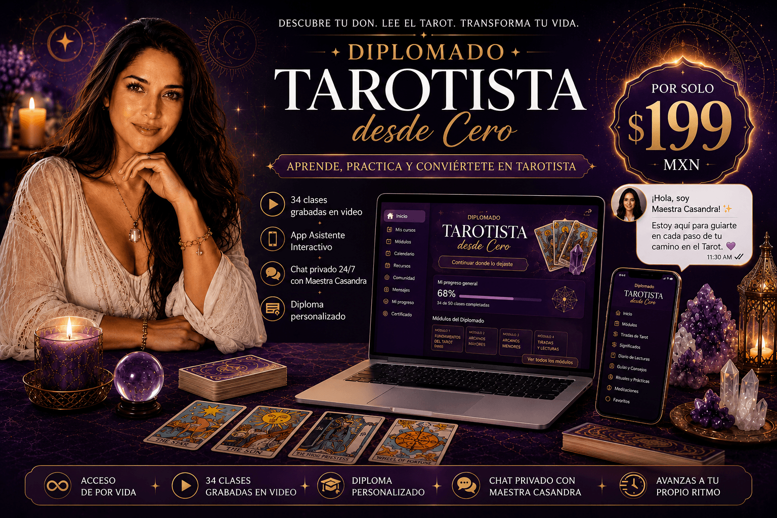 Diplomado Tarotista desde Cero: portada con Maestra Casandra, laptop y celular mostrando la App Interactiva, chat privado y precio de lanzamiento $199 MXN